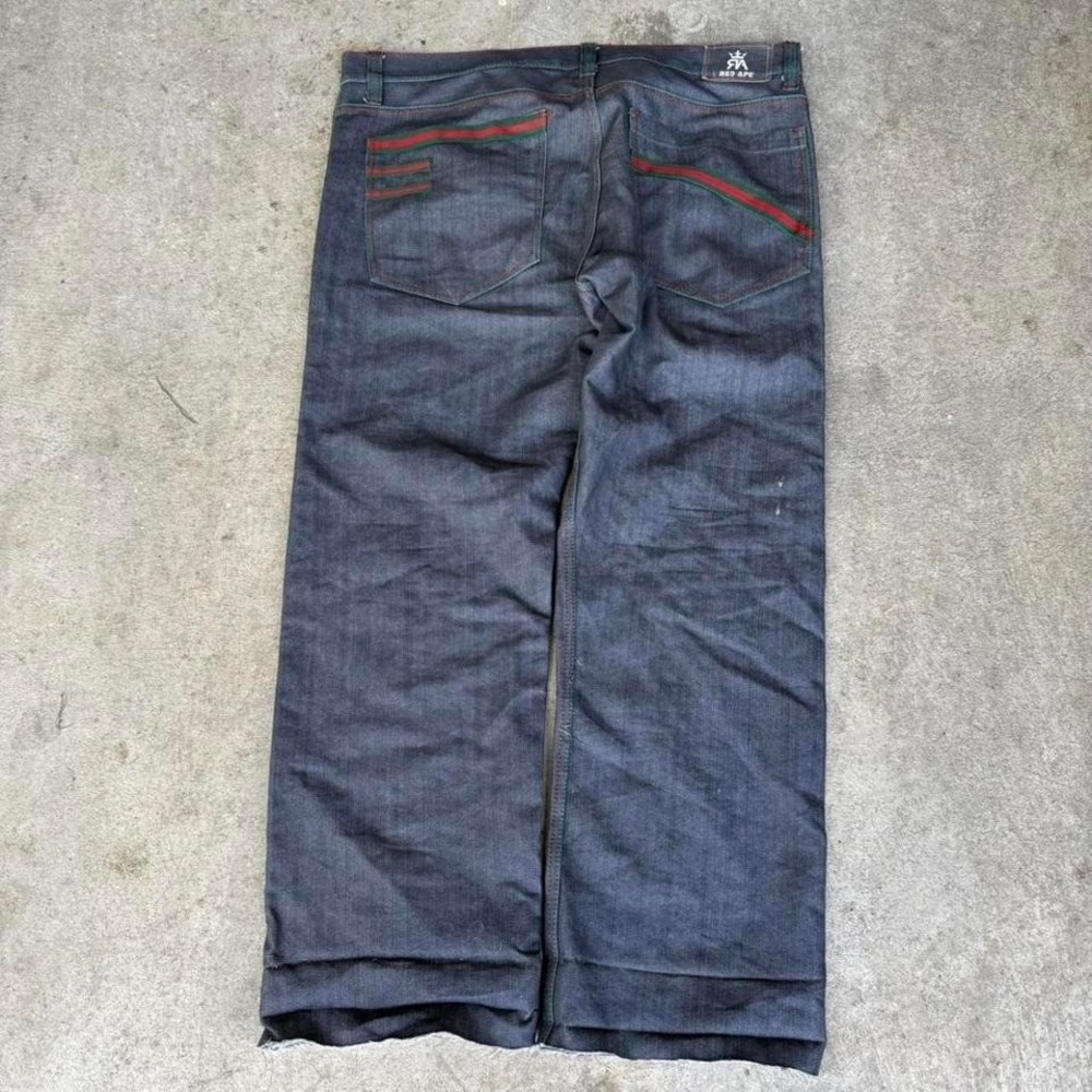 Y2K Red Ape Gray Denim Baggy Jeans Skater Streetwear Embroidered